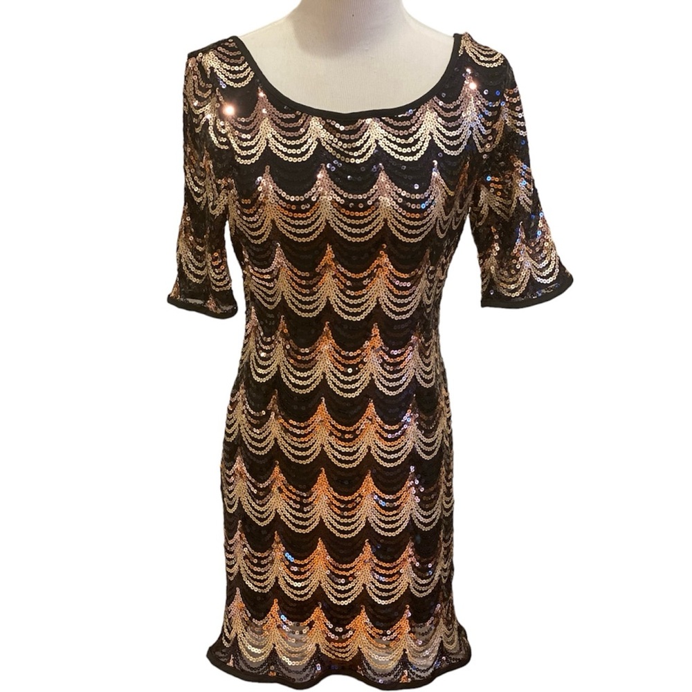 NWT Venus Sequin Mini Dress Black Gold Short Sleeve M Bodycon Low Back Party